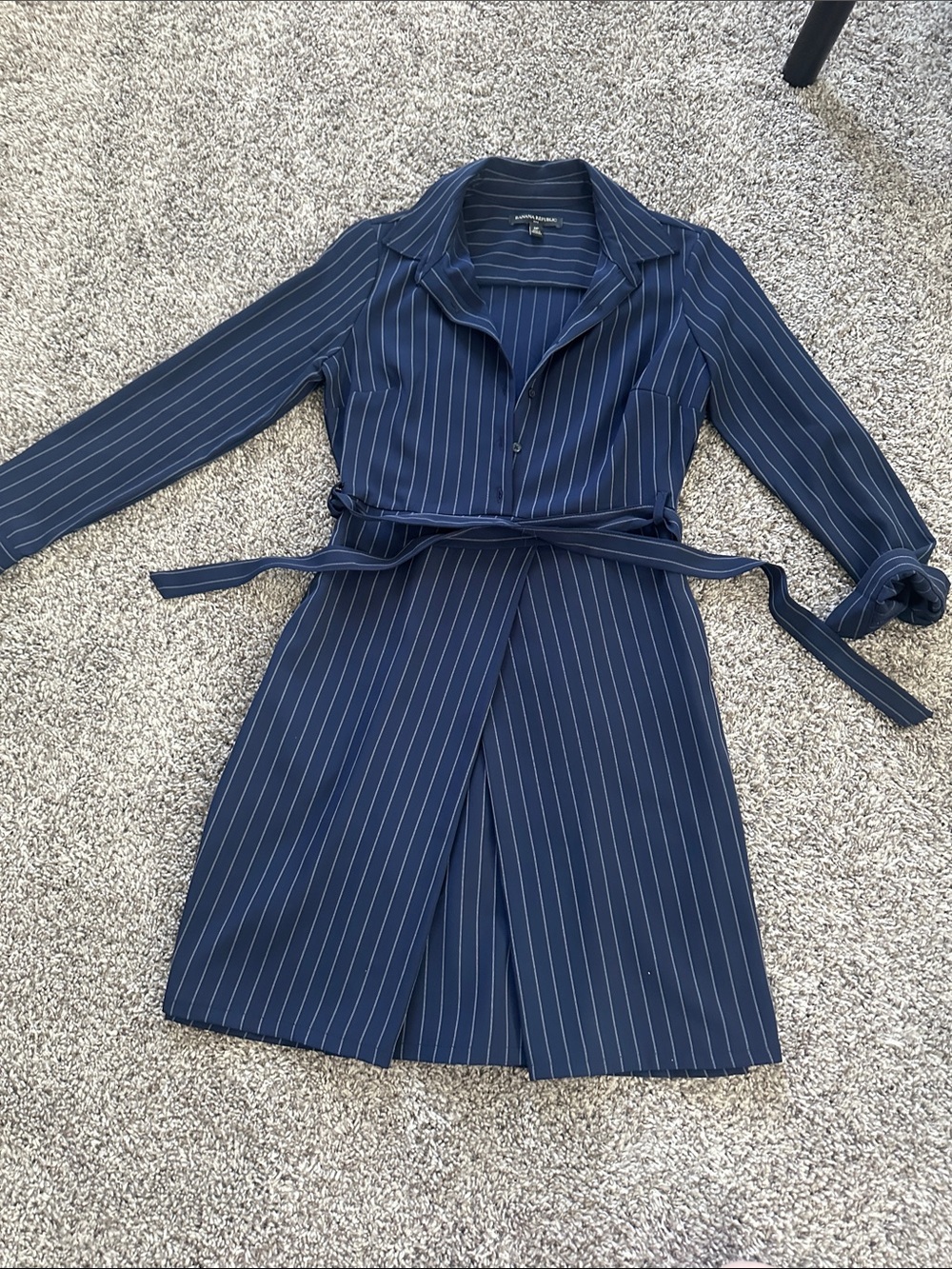 Banana Republic Navy Pinstripe Long-Sleeve Tie-Waist Shirt Dress